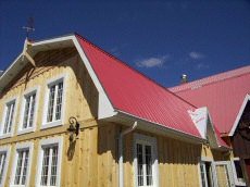 eaves, soffit, fascia, downspouts, window cladding and a spectacular red steel roof -- note, gable roof over doors will also receive red steel treatment