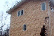 with any siding application, note that the soffit, fascia and downspouts are installed first